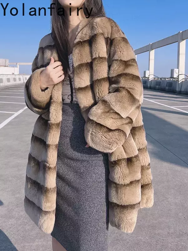 Rea-abrigo de piel para Mujer, chaquetas de piel de conejo Rex, Abrigos de piel de longitud media, chaqueta de piel degradada de gama alta, Abrigos para Mujer