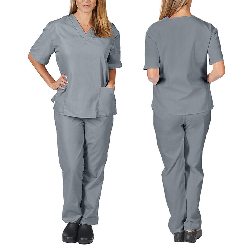 Nieuwe Verpleegstersuniform Set Dokter Frosted Nurse Scrubs Werkpak Dames Korte Mouw Blouse V-Hals Shirt Tops Elastische Broek Set
