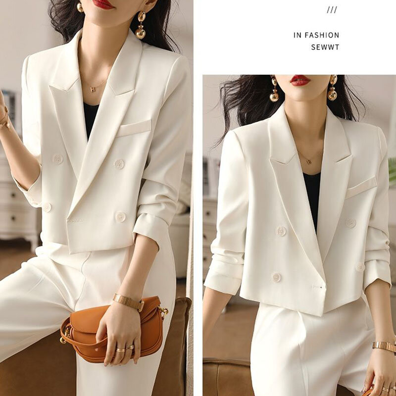 Lucyever-Blazers courts noirs pour femmes, mode coréenne, double boutonnage, manteau de bureau imbibé, manches longues, vintage