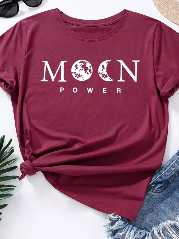 Księżyc moc druku T koszula kobiety z krótkim rękawem O szyi luźna koszulka lato kobiety przyczynowe koszulki topy Camisetas Mujer