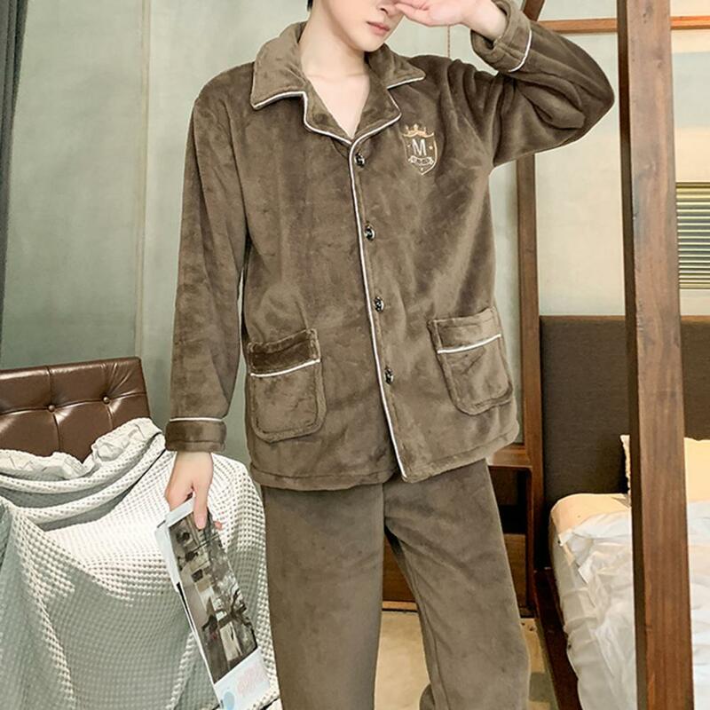 Pijama de flanela masculino com lapela, botões grossos, elástico na cintura, roupa macia e quente, top, calça para frio, inverno