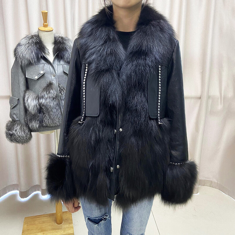 여성용 진짜 양가죽 재킷, 럭셔리 모피 코트, 진짜 여우 모피 칼라 커프스 오버코트, 따뜻한 겨울 3504, 2023 신상 패션