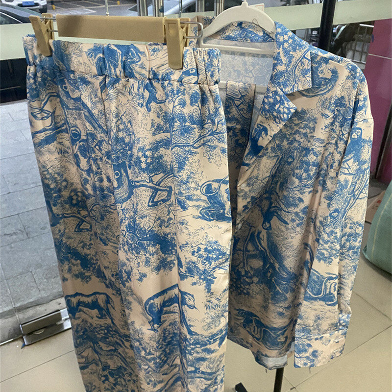 여성용 프린트 긴팔 레이스 업 셔츠, 하이웨이스트 와이드 레그 팬츠, 프렌치 빈티지 투피스 세트, 2023 패션