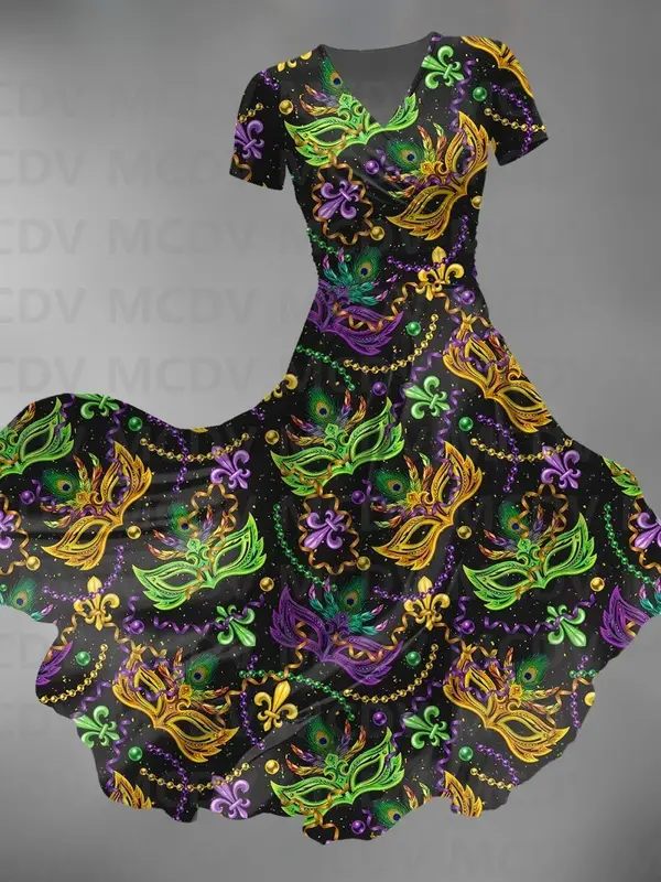 Женское винтажное платье макси с принтом и V-образным вырезом