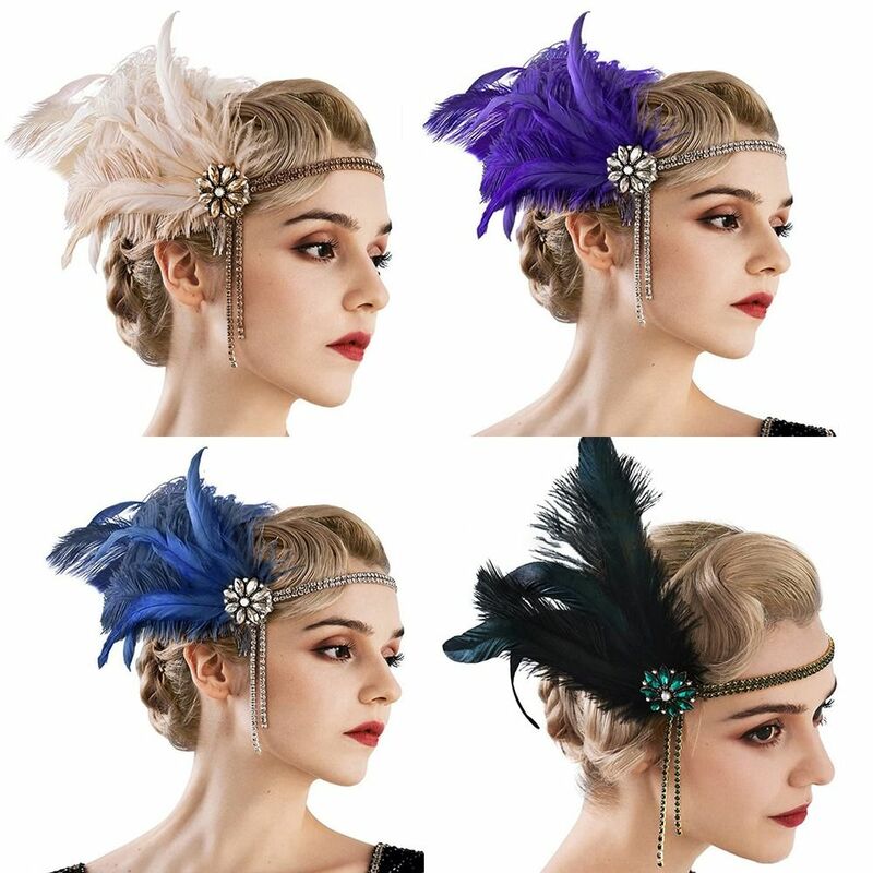 Mulheres Strass Pérola Penas Faixa de Cabelo, Flapper Headband, Acessórios de Vestido, Anos 1920, Festa