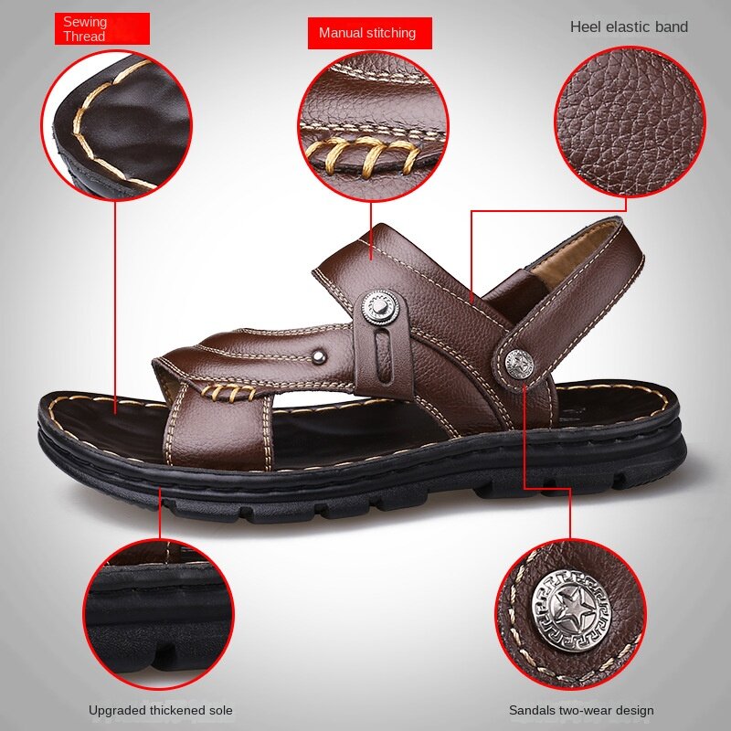 Men's Summer New Sandals and Slippers Men's Leather Sandals Adult Thick-soled Beach Shoes Non-slip Open-toe Leather Sandals