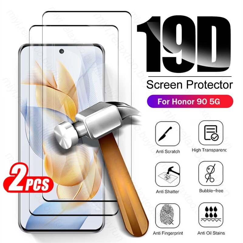 2PCS 19D Curved Tempered Glass For Honor90 Honor 90 5G 2023 REA-NX9 6.7" Phone Screen Protector Cover Film On Honar Honer 90 5G