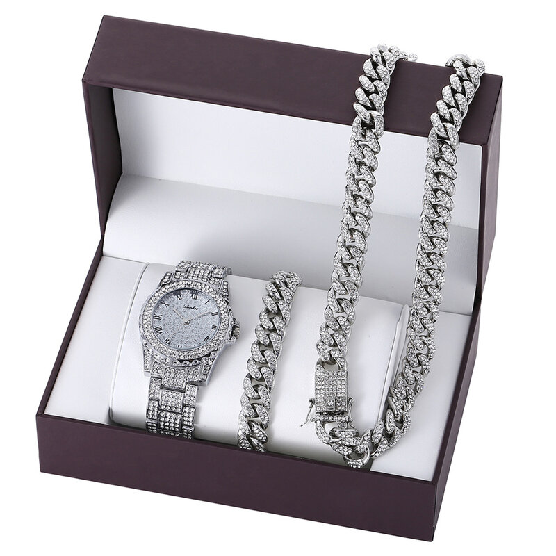 2024 luksusowe 3 sztuk/zestaw męskie pudełko zestaw zegarków Hip Hop kubański łańcuszek oblodzony naszyjnik zestaw bransoletek cyrkonie błyszczące biżuteryjne dla mężczyzn