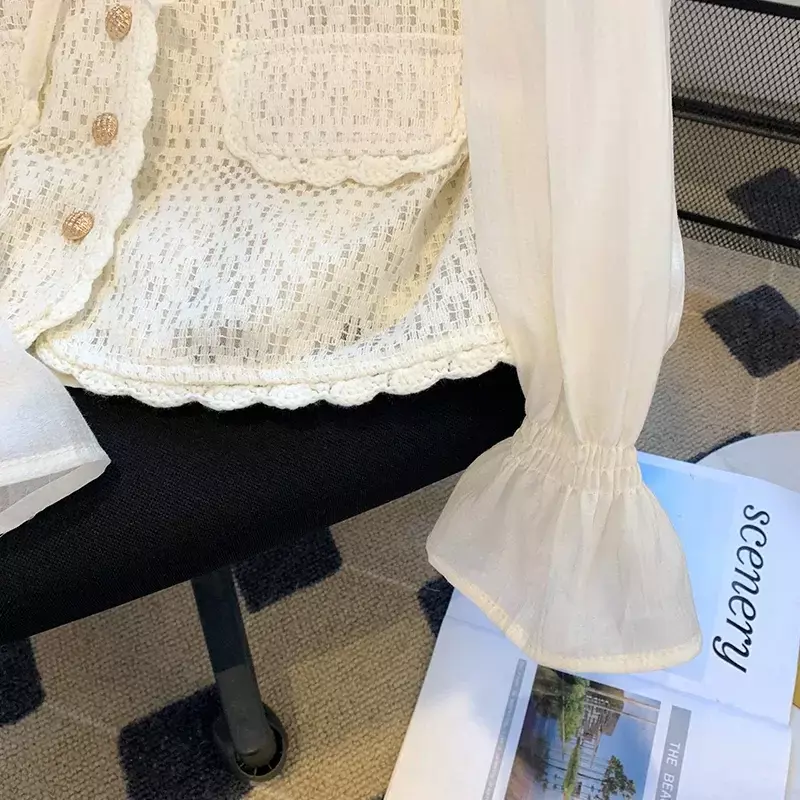 DAYIFUN-Gefälschte zweiteilige Blusen-Sets Damen lässige Oberteile Elegantes süßes O-Ausschnitt-Schnürhemd Dame einreihig Herbst 2024