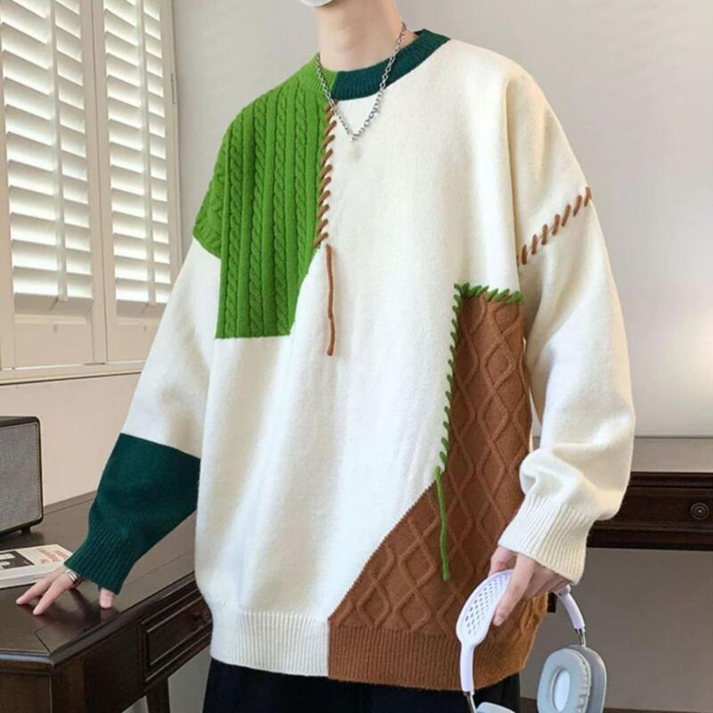 Pulôver de gola redonda masculino com retalhos de cores contrastantes, suéter de malha aconchegante, estilo quente, grosso, inverno