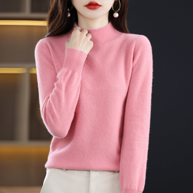 100% maglione di pura lana pullover imbottito da donna con maglione mezzo collo alto sciolto e sottile camicia autunnale e invernale.