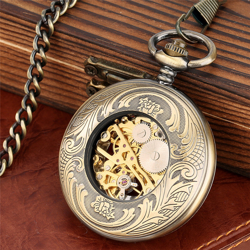 Estilo do vintage oco para fora flor caso das mulheres dos homens handwinding relógio de bolso mecânico número romano com corrente pingente fob