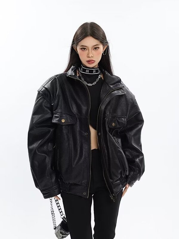 Gruby czarny kurtka ze skóry sztucznej damskie bomberki wiosenne jesienne Oversized wiatroszczelne luksusowy projektant motocyklowe Unisex