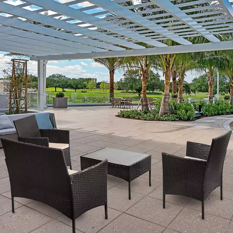 4 buah Set kursi rotan teras anyaman furnitur taman Set luar ruangan dalam ruangan menggunakan halaman belakang beranda taman tepi kolam furnitur balkon