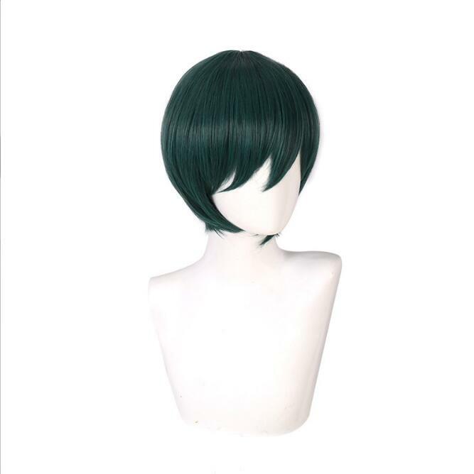 شعر مستعار Rin-Itoshi تأثيري ، شعر مستعار اصطناعي من ألياف الأنمي ، شعر قصير أخضر داكن ، قفل أزرق