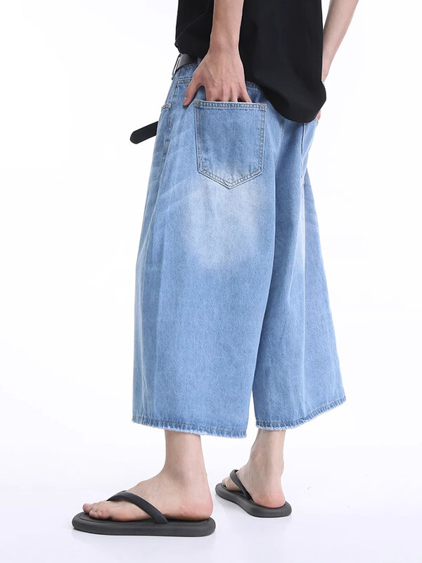 Reddaschic-pantalones cortos de mezclilla para hombre, ropa de calle de gran tamaño, pantalones de pierna ancha, pantalones vaqueros holgados, Retro, azul, coreano, Y2k