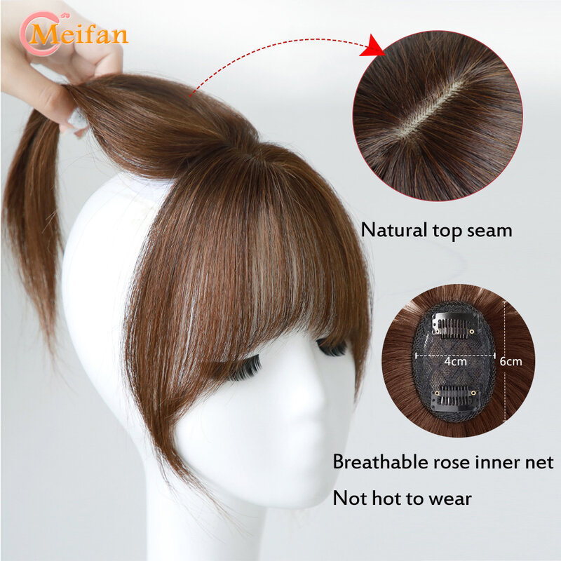 Meifan-女性のための合成トッパーヘアピース、偽のパンクリップの形をしたエクステンション、天然の偽のフリンジ、目に見えないヘアピース