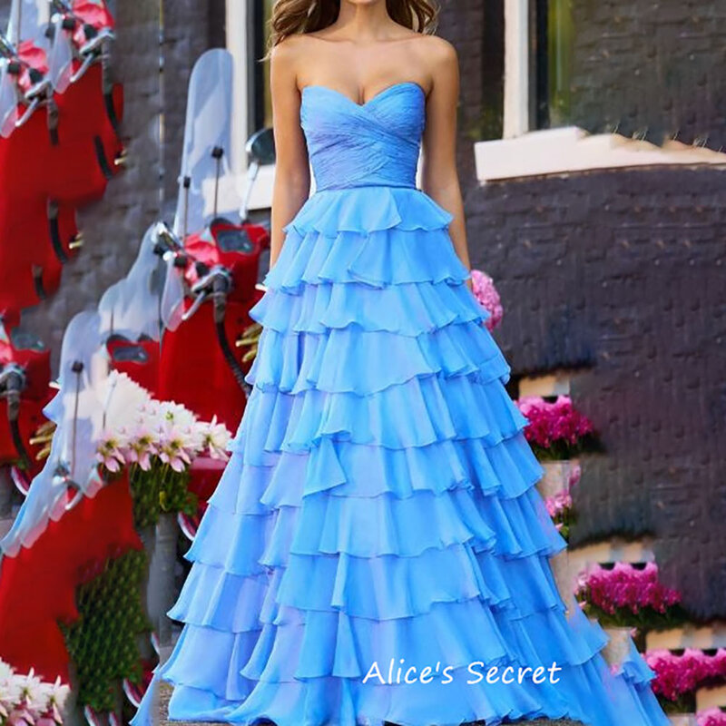 A-Line Chiffon Strapeless Sweetheart Sleeveless Low Open Back Tiered Sweep Train Evening Gown Dress