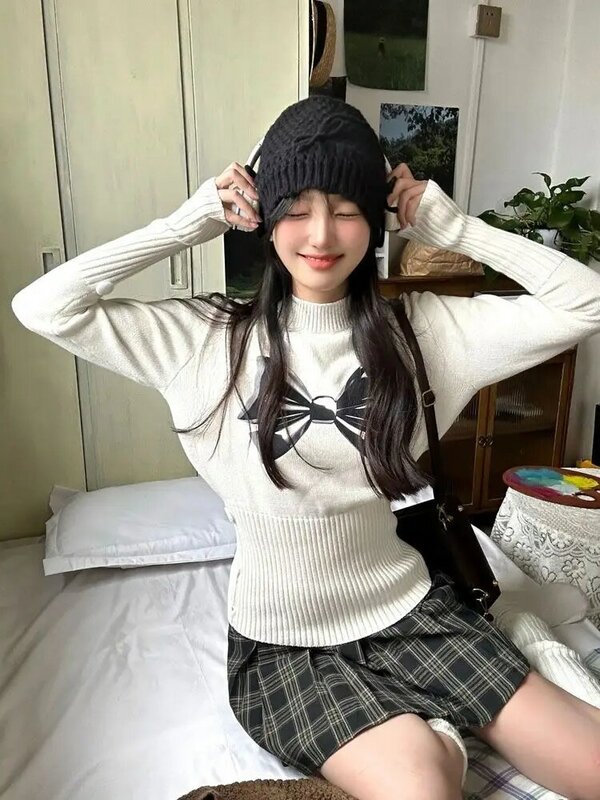 Deeptown Y2K estetyczne biały sweter damskie Harajuku Kawaii sweter z dzianiny koreański, Slim bluzki z dzianiny Cutecore jesień zima