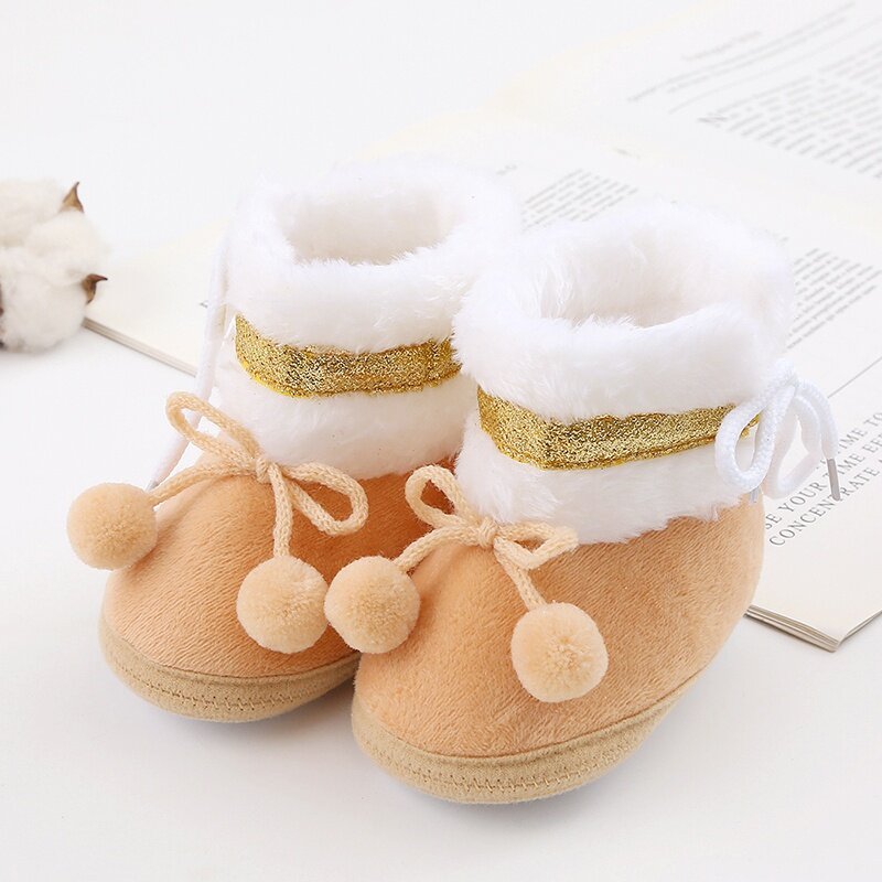 Sepatu bot salju untuk bayi, sepatu bot hangat nyaman empuk musim dingin Pompom polos untuk bayi laki-laki dan perempuan