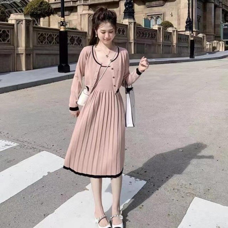 Fashion Set Of Sweater Female 2023 Autumn Knitted Cardigan Strap Dress Long Sleeve Two Piece Set Of Sweater Cardigan Female