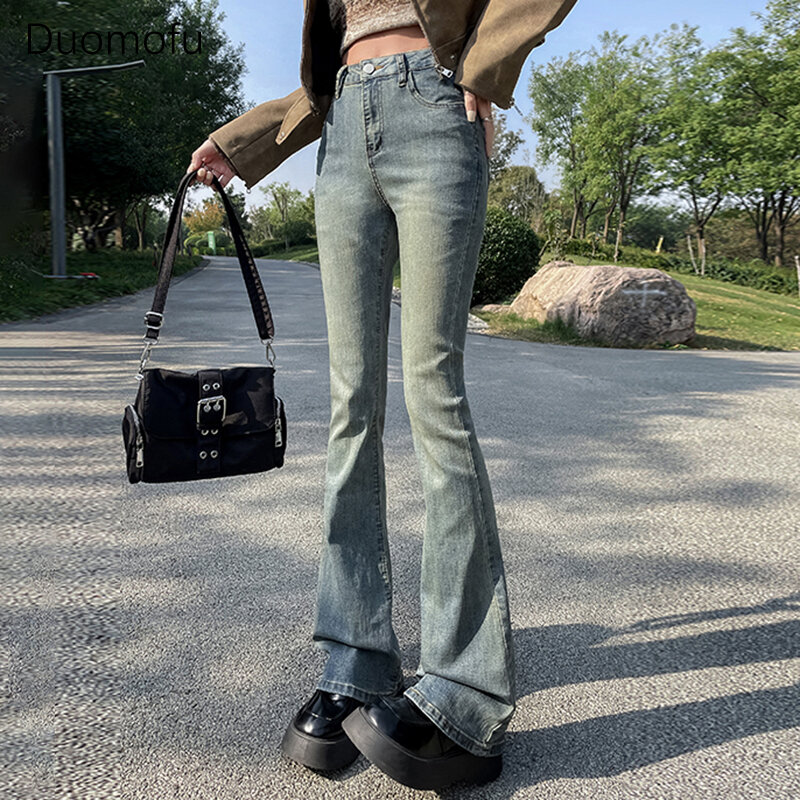 Duomofu Lente Klassiek Hoge Taille Slanke Casual Vrouwen Jeans Koreaanse Chic Gewassen Distressed Full Length Fashion Casual Dames Jeans