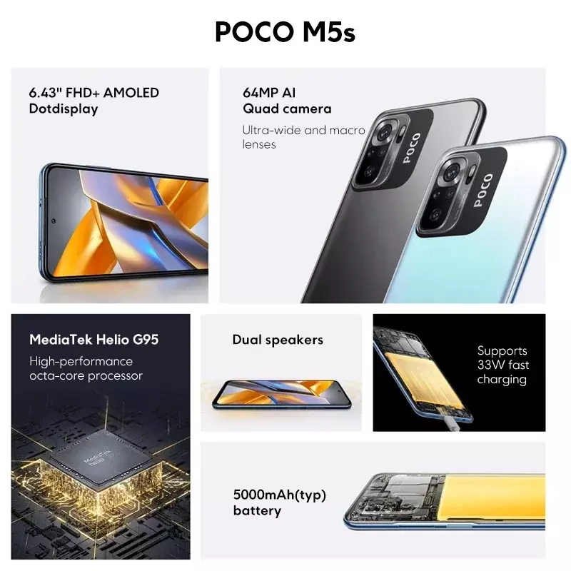 POCO-M5s 4Gスマートフォン、6 + 128G、MTK G95、64MPクアッドカメラ、6.43 "AMOLED、60Hz、5000mAh、33W急速充電、NFC、グローバルバージョン