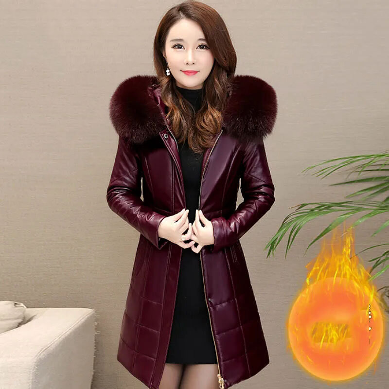 Casaco de couro de comprimento médio para mulheres, casaco com capuz solto, gola de pele, velo, quente no inverno, L-8XL
