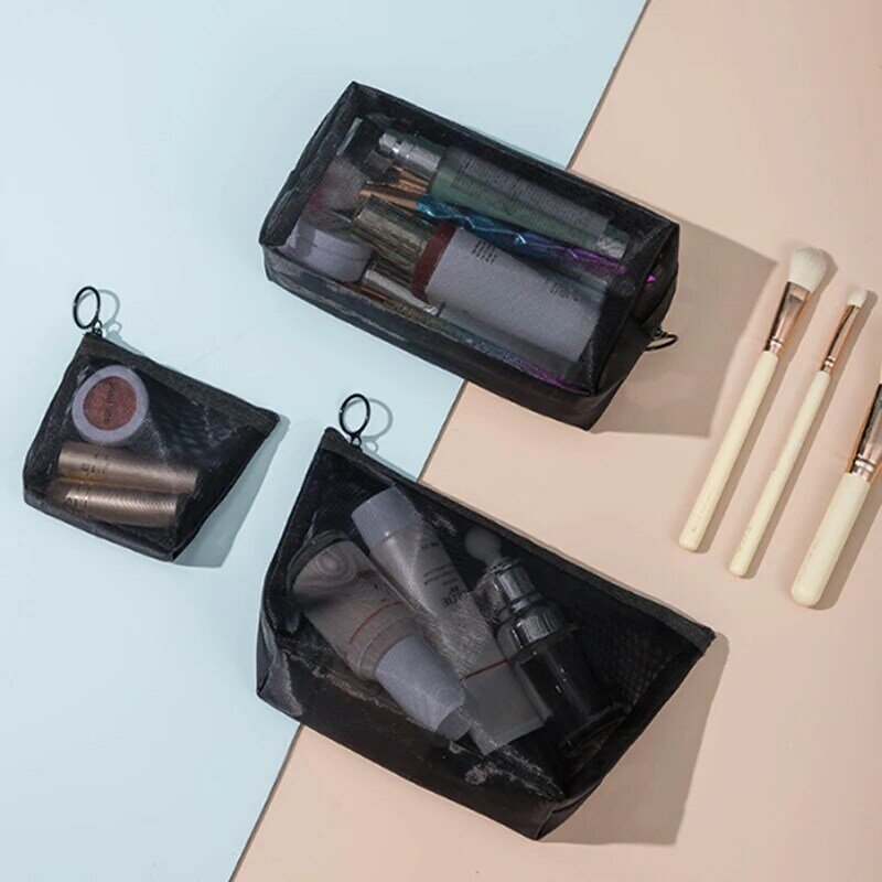 Black Mesh Makeup Bags Women Girls Cosmetic Bag Organizer Travel Portable Wash Lipstick Toiletry Sanitary Napkin Storage Bags