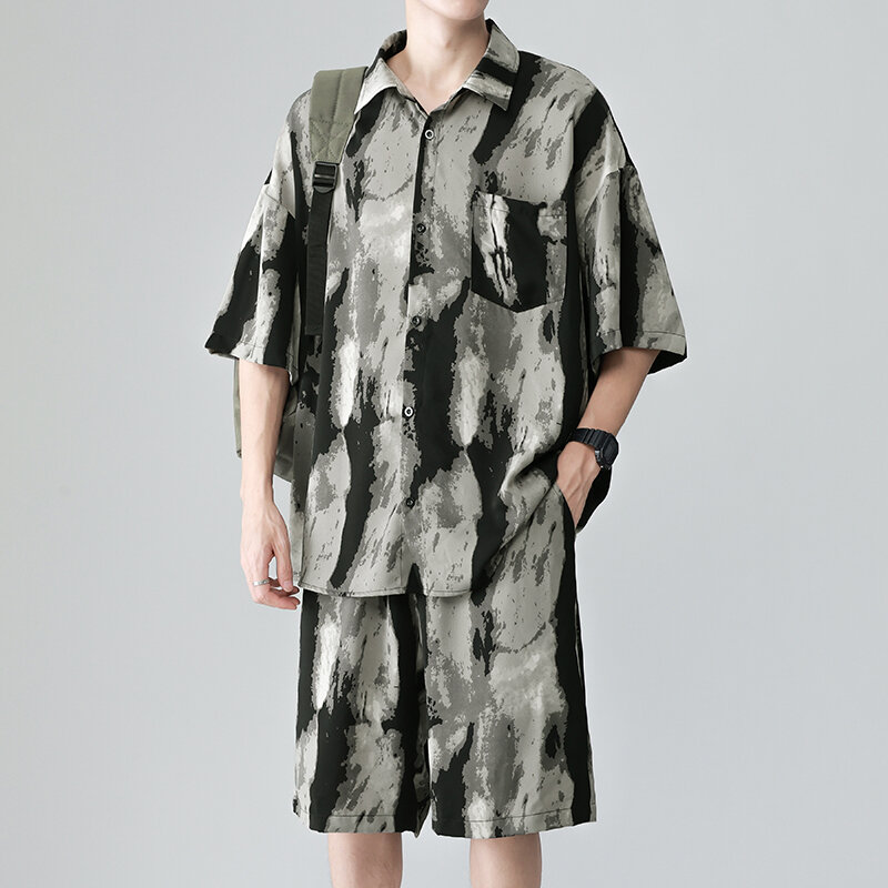Summer New Hawaii Beach Style Short sleeved Printed Men's Top+shorts Casual Suit Shirt and shorts 2-shorts Set for Fashi