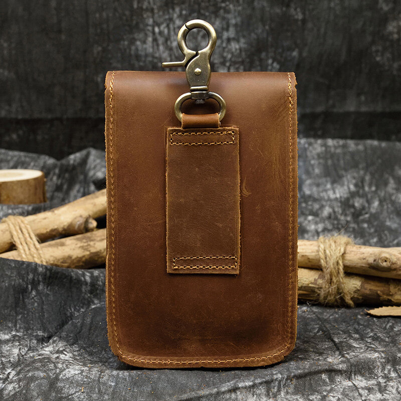 Мужская поясная сумка из натуральной кожи, двухслойный кошелек на пояс, для телефона, с пряжкой для сигареты