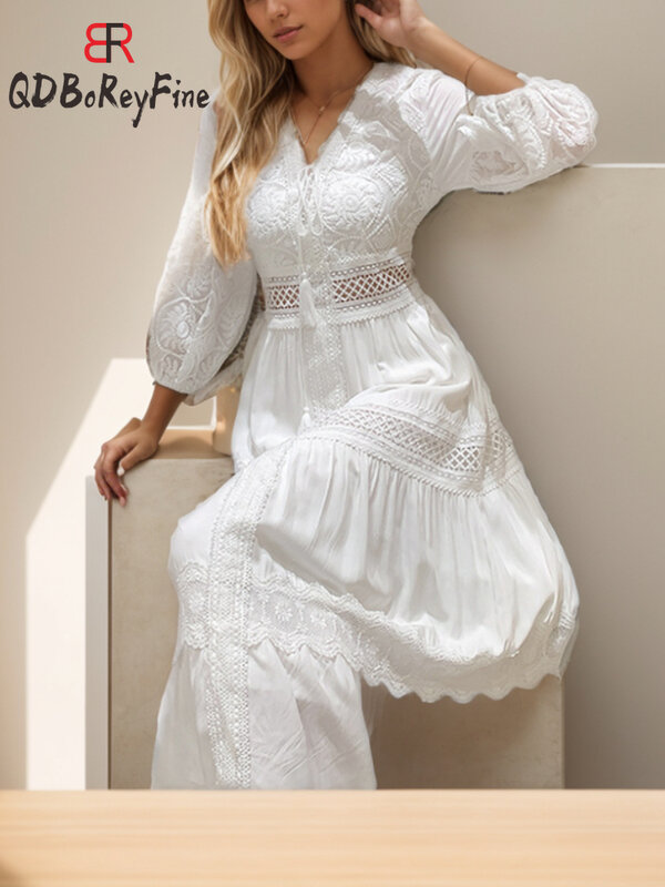 Vestido blanco de algodón con mangas abullonadas para mujer, Falda Midi larga con cordones, Primavera, novedad de 2024