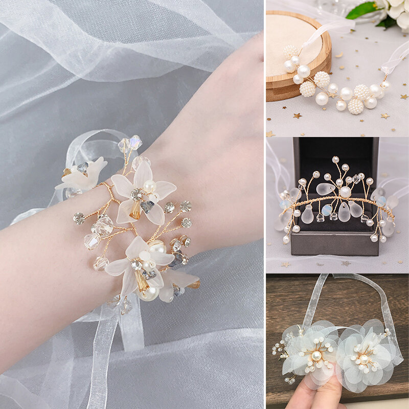Ramillete de muñeca de encaje blanco para dama de honor, pulsera de flores de mano de perlas, flores artificiales para novia, decoración de fiesta de baile de Boda nupcial