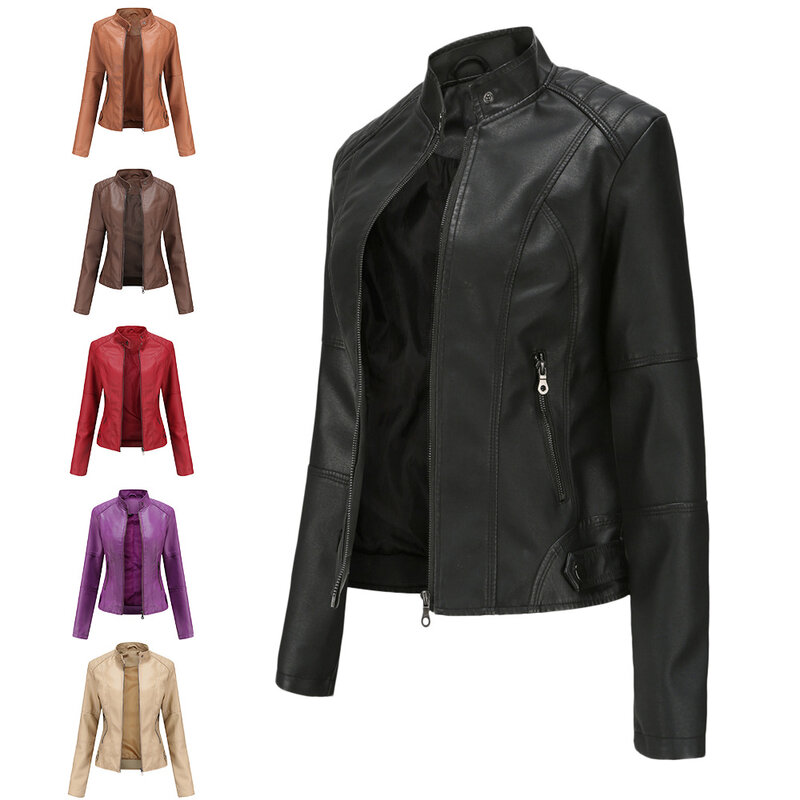 Leather Jacket Female Slim Jacket Thin Section Spring and Autumn Jacket Biker Clothes Large Size Standing Collar Leather Jacket