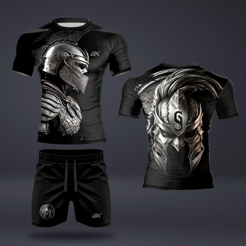 Y2K setelan T-Shirt olahraga kasual pria, 2 buah keren Metal Armor cetak mode jalanan lengan pendek dan celana pendek untuk pria musim panas
