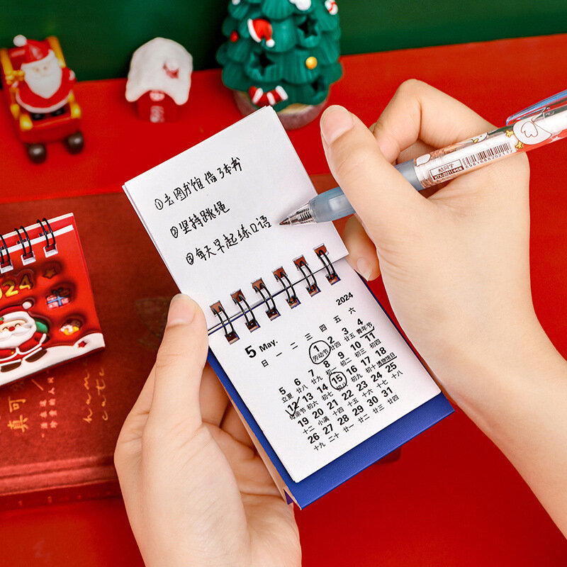 Mini Calendario de mesa con patrón de dibujos animados 3D de Navidad, decoración de escritorio para estudiantes, reloj diario, calendario pequeño de autosujeción, 2024