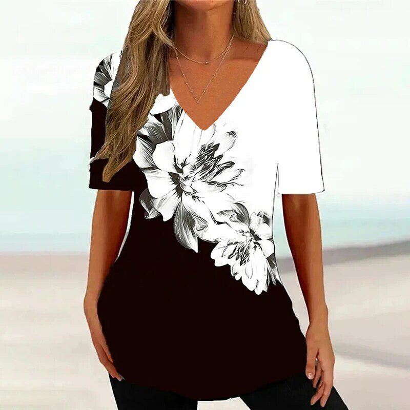2023 New Women's V-Neck Printed Flower Pattern Short-Sleeve T-Shirt Summer Casual Breathable Refreshing Y2K Top Trend T-Shirt