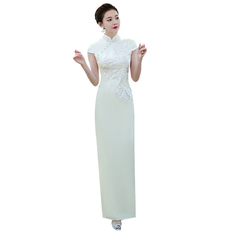 Женское платье-Ципао с вышивкой и воротником-стойкой