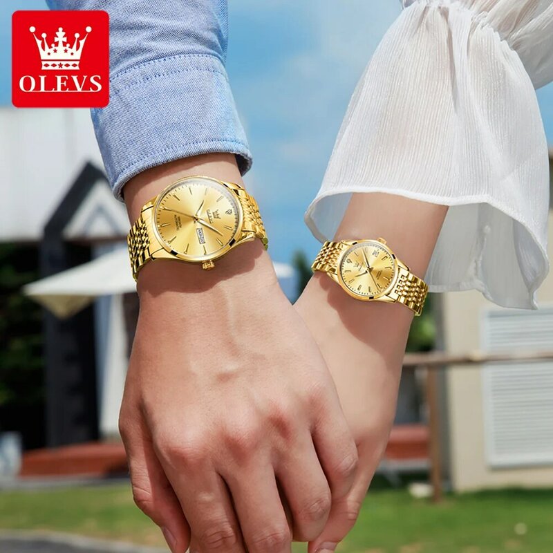 Брендовые роскошные золотые механические часы OELVS для мужчин и женщин, часы из нержавеющей стали для пар, модные стальные водонепроницаемые часы с отображением недели и даты