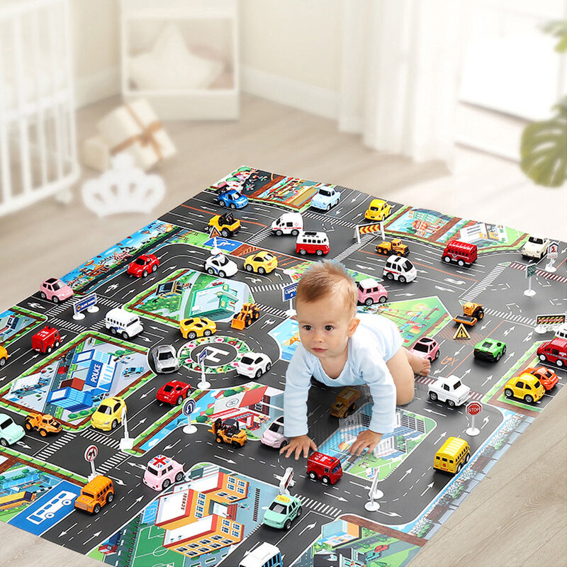 Alfombra de dibujos animados de tráfico de ciudad para bebé, tapete educativo con 6 coches de juguete, regalo de fiesta de cumpleaños y Navidad
