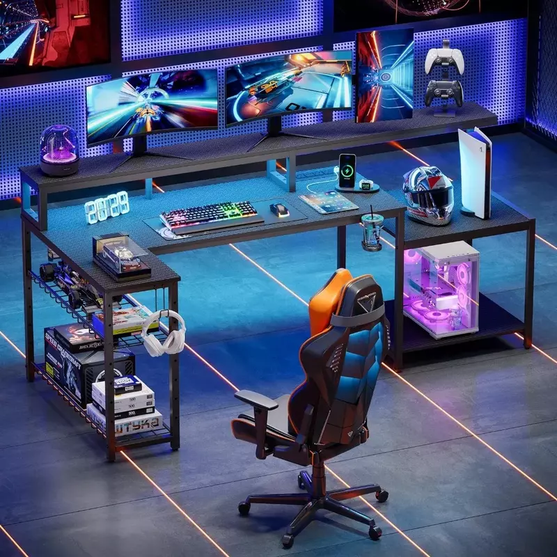 Meja Game, meja komputer 71.5 LED dengan dudukan tampilan panjang, rak penyimpanan bentuk L besar, kait headphone tempat cangkir, meja komputer
