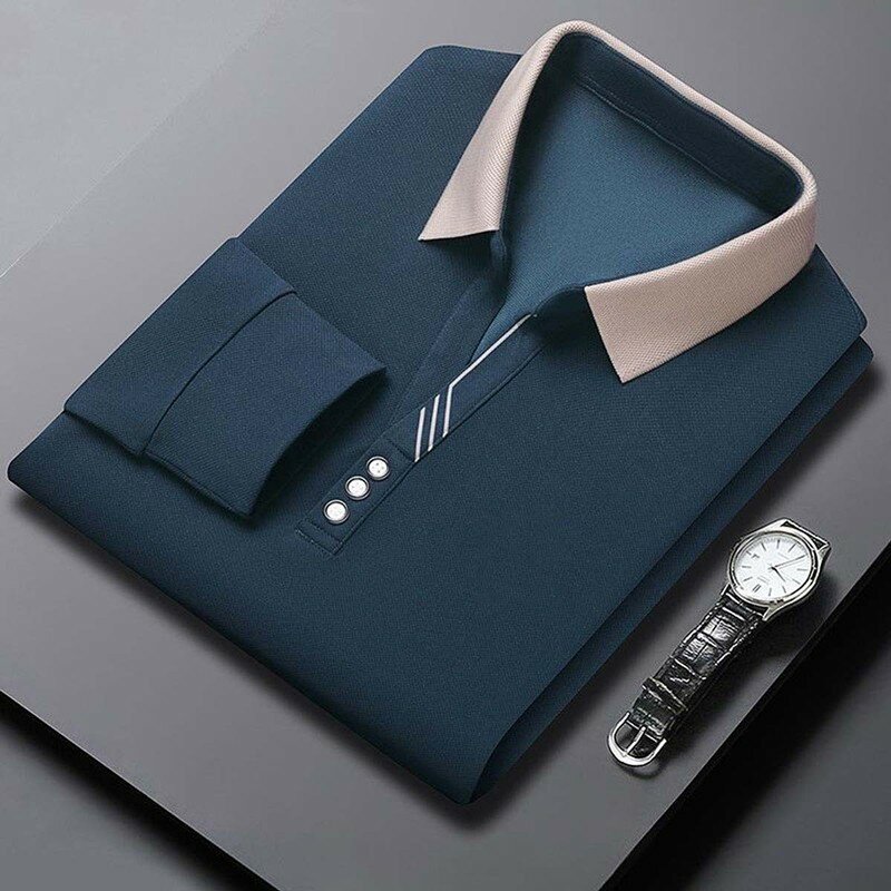 2024 new men's solid color golf lapel Polo shirt spring and autumn fashion casual golf shirt slim long sleeve golf T-shirt 4XL