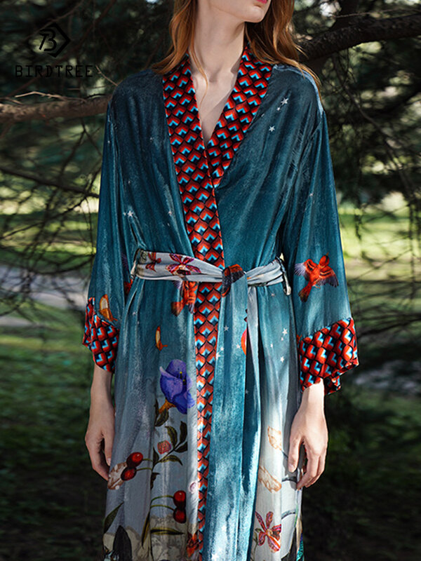 Birdtree 18% Шелк тутового шелкопряда Элегантные Бархатные пижамы для женщин цветочный принт французский стиль Домашняя одежда 2024 весна осень новый P41482QC