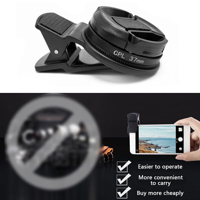 CPL 필터 원형 카메라 블랙 액세서리, 범용 클립 포함, 휴대용 전문 휴대폰 편광자, 광각 렌즈, 37mm