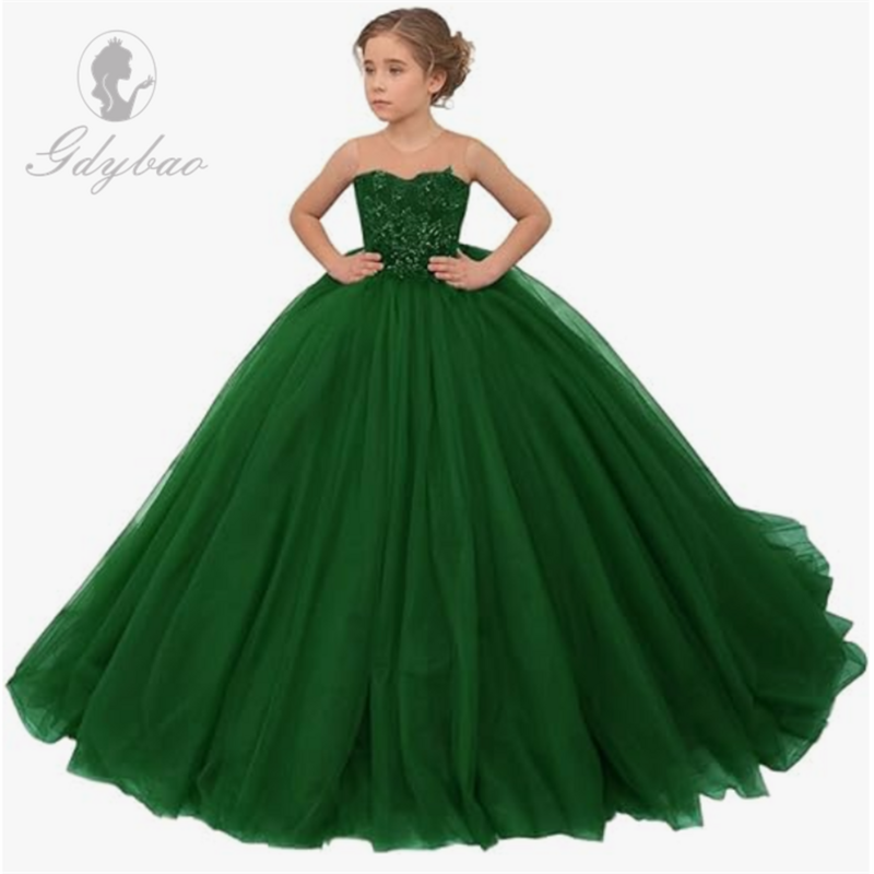 Tiulowa kwiecista sukienka dziewczęca na ślub koronkowa aplikacja księżniczka bez rękawów suknie na konkurs piękności długa suknia balowa