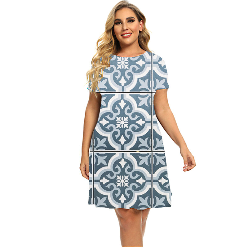 Moda koło sukienki z krótkim rękawem dla kobiet 2023 Vintage geometria graficzne luźne ubrania Plus rozmiar panie letnia sukienka 5XL 6XL