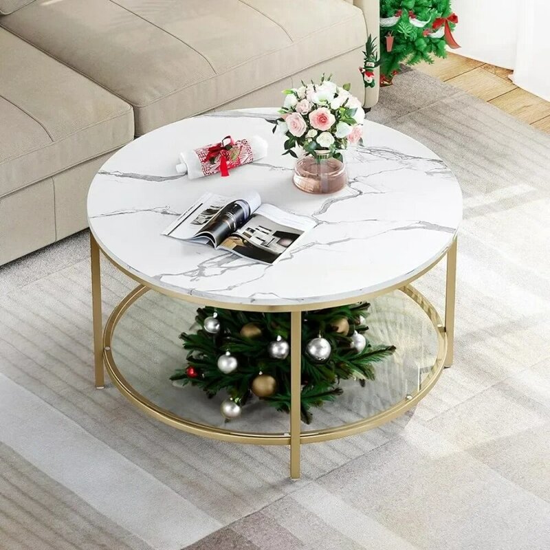 Mesa de centro redonda de vidrio de mármol, mesa de centro redonda de 2 niveles con almacenamiento, mesa de centro transparente, simple y moderna, blanco