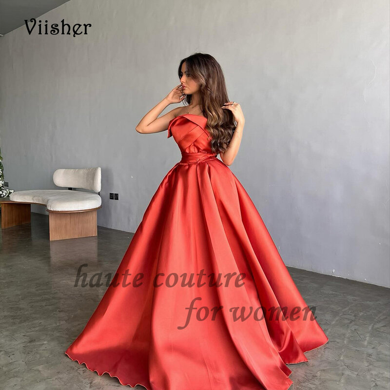 Arabic Dubai Prom Dresses Pleats Satin Strapless A Line Evening Party Dress with Train Long Formal Occasion Gowns Lace Up Back