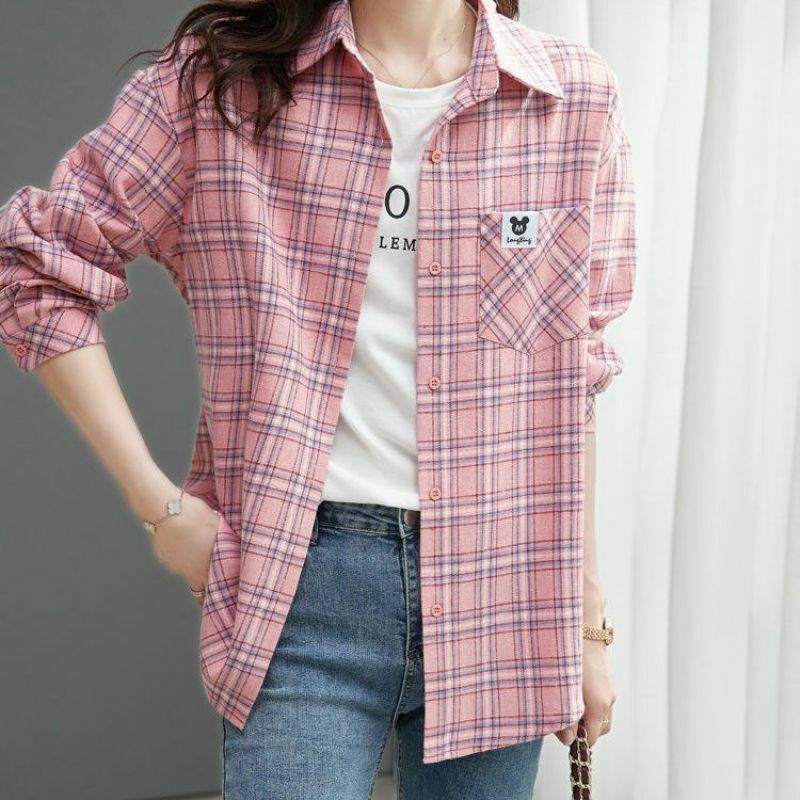 Women Spring Korean Simplicity Buttons Pocket Polo-Neck Long Sleeve Shirts Women Clothing Casual Plaid All-match Trend Tops