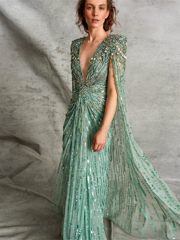 Luxueuse robe de RhA-ligne perlée, robes de soirée sexy, col en V profond, charmante robe dos nu, longueur au sol, 2024